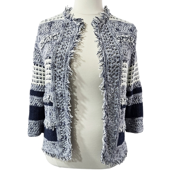 Chico's Blue White Fringe Detail Textured Cardigan Open Front Stripe Beachy Boho - Picture 1 of 9